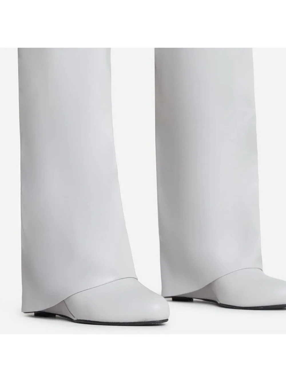 Women's White Fold Over Wide Calf Wedge Heel Knee High With Decorative Lock Boot